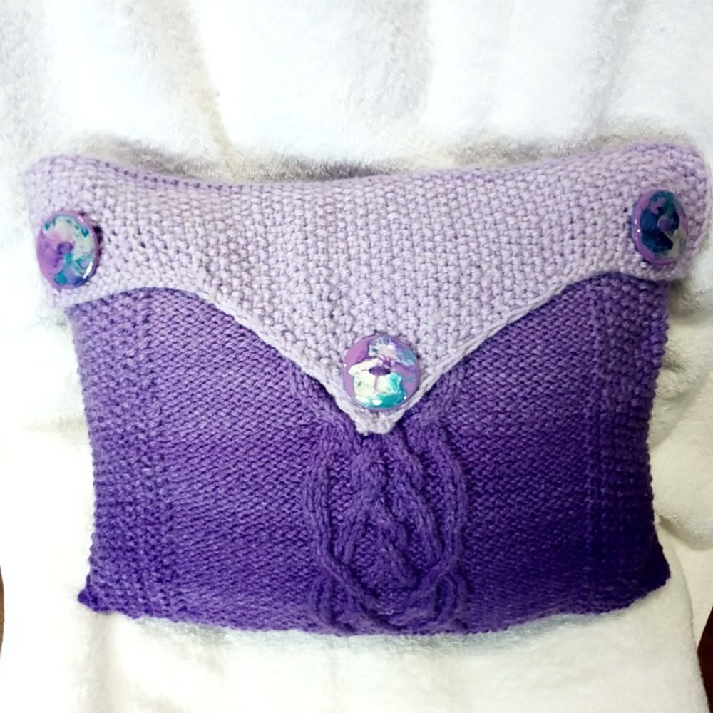 Hand Crafted Knit Throw Pillow Purple Cable Hand Painted Resin Buttons D…